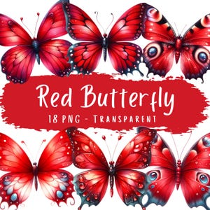 Pacote de clipart de borboleta vermelha 18 PNG de alta qualidade aquarela fofa primavera colorida borboleta digital para download de arquivos gráficos de scrapbooking