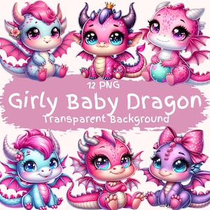 Pacote de clipart de dragão bebê feminino 12 PNG de alta qualidade aquarela desenho animado menina rosa dragão fofo download digital arte artesanato impressões digitais