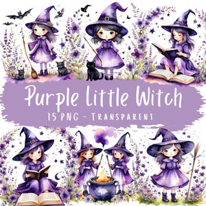 Paquete de 15 imágenes prediseñadas de bruja morada, acuarela, descarga digital, linda bruja, poción de Couldron, imágenes moradas de Halloween imprimibles.