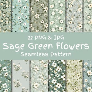 Papel digital con flores de color verde salvia sin costuras, 22 archivos PNG y JPG, papel para manualidades digitales, papel para álbumes de recortes con estampado floral sin costuras
