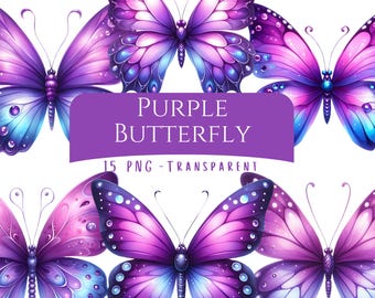 Purple Butterfly Clipart Bundle 15 PNG High Quality Watercolor Cute Pastel Butterfly Digital Download Printable Files Scrapbooking Graphics