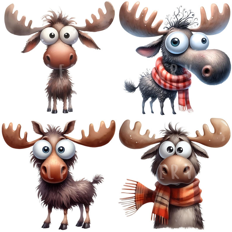 Quirky Moose Clipart Bundle 15 PNG High Quality Watercolor Cute Moose ...