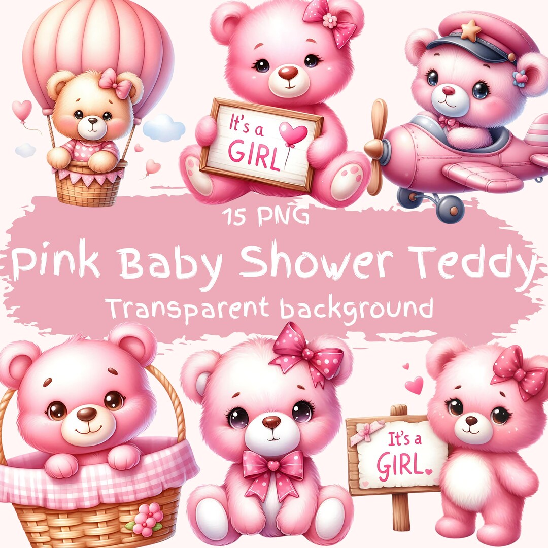 Pink Baby Shower Teddy Clipart Bundle 15 PNG High Quality Watercolor ...