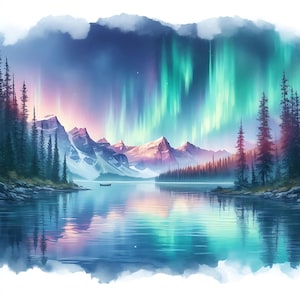 15 JPG Aurora Sky Lake clipartbundel aquarel noorderlicht digitale download noordpool waterlandschap papier ambachten afdrukbare pagina's
