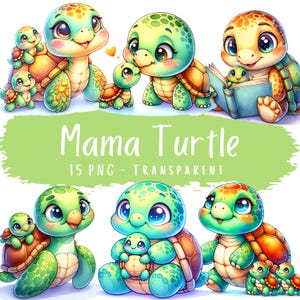 Paquete de 15 imágenes prediseñadas de mamá tortuga, adorables pegatinas digitales de tortuga bebé en acuarela, diario basura, uso comercial