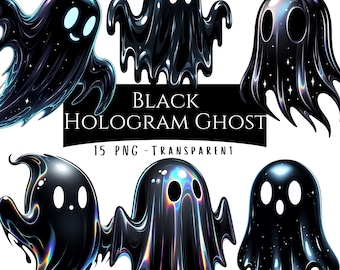Pacote de clipart de fantasma de holograma preto 15 PNG de alta qualidade Desenho animado fantasma gótico download digital fantasma de fantasia assustador adesivo digital para impressão