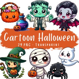 Bundle de cliparts d'Halloween dessin animé 29 personnages d'Halloween fantasmagoriques mignons Travaux manuels en papier Costume Imprimables de fête d'Halloween Créations en papier PNG à imprimer