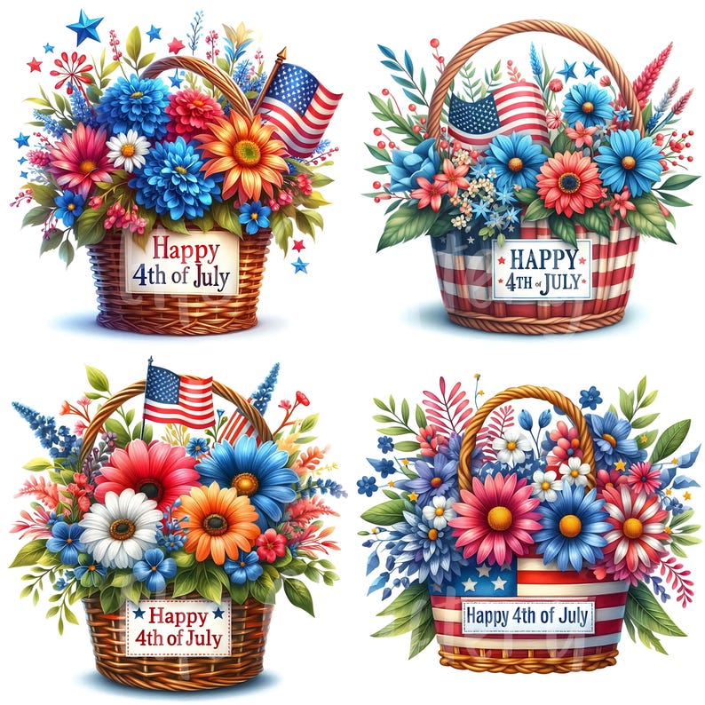 15 JPG Happy 4th of July Flower Basket Clipart Bundle Watercolor Floral ...