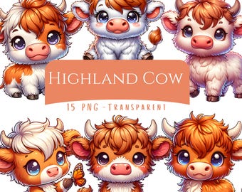 Highland Cow Clipart Bundle 15 PNG High Quality Cute Cartoon Highland Cow Digital Download Commercial Use Clip Art Scrapbook Digital Sticker