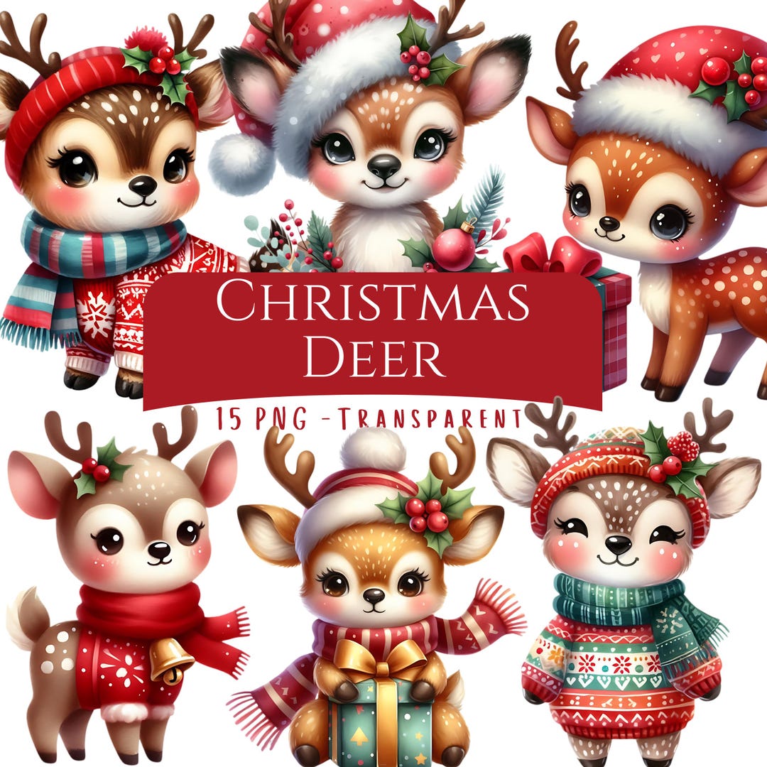 Christmas Deer Clipart Bundle 15 PNG High Quality Cute Watercolor ...