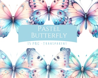 Paquete de 15 mariposas pastel, imágenes prediseñadas de alta calidad, mariposas de acuarela, pegatinas imprimibles, arte natural, naturaleza primaveral, descarga digital