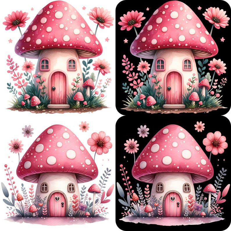 Pink Mushroom House Clipart Bundle 15 PNG High Quality Watercolor ...
