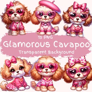 Pacchetto di clipart di Cavapoo glamour 15 PNG di alta qualità da scaricare in formato digitale File di cuccioli carini Immagini di Cavapoo stampabili Illustrazioni per amanti dei cani rosa