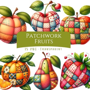 Patchwork Fruits Clipart Bundle 15 PNG High Quality Cute Watercolor Fruit Bundle Digital Download Printable Quilted Fruit Scrapbook Art