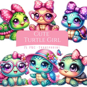 Cute Turtle Girl Clipart Bundle 15 PNG High Quality Cartoon Baby Turtle Digital Download Printable Sublimation Files Cute Girly Pink Turtle