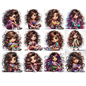 May include: A collection of twelve illustrations of a cartoon girl with large eyes and curly brown hair. Each girl is wearing colorful outfits, including overalls, sweaters, and sneakers. The illustrations have a digital art style.