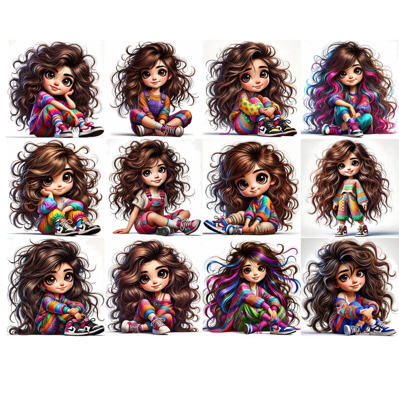 May include: A collection of twelve illustrations of a cartoon girl with large eyes and curly brown hair. Each girl is wearing colorful outfits, including overalls, sweaters, and sneakers. The illustrations have a digital art style.