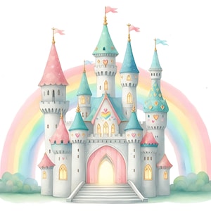 Op de afbeelding: Waterverfillustratie van een sprookjeskasteel met roze, blauwe en groene torentjes. Het kasteel heeft een roze boogvormige ingang, een regenboog en kleine vlaggen op de torens. Op een witte achtergrond.