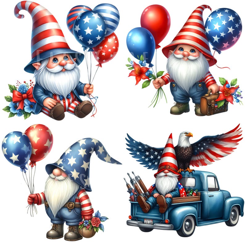 Patriotic Gnome Clipart Bundle 15 PNG Watercolor Cute 4th of July ...