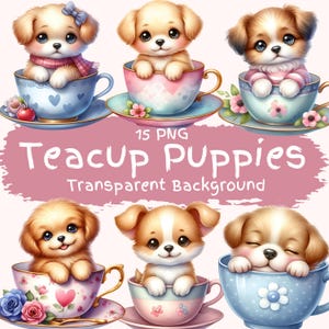 Teacup Puppies Clipart Bundle 15 PNG Carino Acquerello Floreale Vintage Tazza da tè Arte digitale Stampabile Carino Bambino Cane Carta Creazione Download digitale