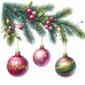 May include: A watercolour illustration of a Christmas tree branch adorned with red berries and three hanging baubles. The baubles are red, pink, and green, with gold detailing and star and leaf patterns. The background is white.
