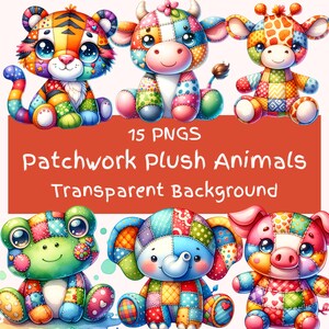 Pacote de clipart de animais de pelúcia de retalhos 15 PNG de alta qualidade aquarela berçário animal brinquedos de pelúcia clip art pacote bonito arte digital para artesanato