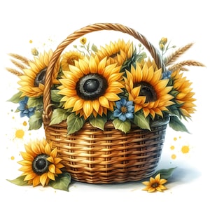 Op de afbeelding: Een aquarel illustratie van een geweven mand vol zonnebloemen, blauwe bloemen en tarwe. De zonnebloemen hebben heldergele bloemblaadjes en donkere centra. De mand is bruin en de achtergrond is wit met gele verfspatten.