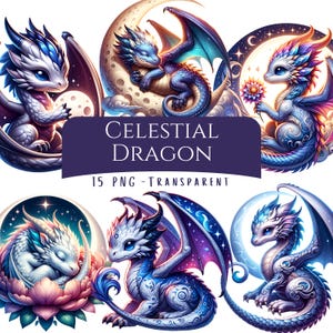 Celestial Dragon Clipart Bundle 15 PNG Files Cute Moonlit Baby Dragon Fantasy Galaxy Creatures Digital Art Pack Printable Art Commercial Use