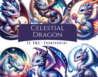 Celestial Dragon Clipart Bundle 15 PNG Files Cute Moonlit Baby Dragon Fantasy Galaxy Creatures Digital Art Pack Printable Art Commercial Use