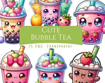 Cute Bubble Tea Clipart Bundle 15 PNG Happy Drink Faces Printable Digital Download Digital Stickers Teachers Printables Food Learning Boba