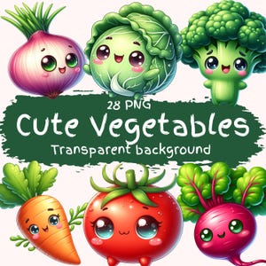 Pacchetto di clipart di verdure carine 28 PNG Facce di verdure felici Stampabili Download digitale Adesivi digitali Stampabili per insegnanti Apprendimento alimentare