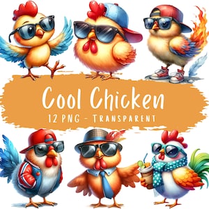 Paquete de 12 imágenes prediseñadas de pollos geniales, archivos PNG de alta calidad de acuarela, gafas de sol, arte digital, pollito, álbum de recortes, diario basura, manualidades con papel