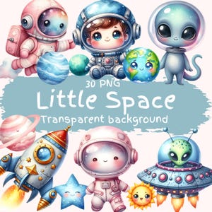 Lot de 30 cliparts petit espace PNG haute qualité aquarelle mignon astronaute de l'espace téléchargement numérique imprimable chambre d'enfant préscolaire apprentissage de l'espace