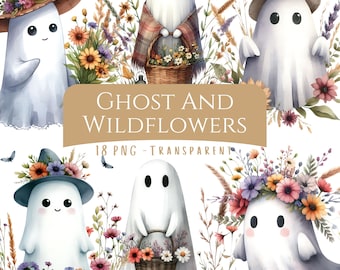 Ghost and Wildflowers Clipart Bundle 18 PNG High Quality Watercolor Ghost Digital Download Cute Vintage Ghost Printable Images Paper Crafts
