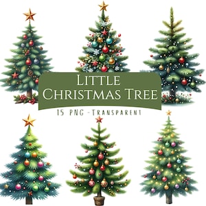 Pode incluir: Seis ilustrações de árvores de Natal decoradas com enfeites, luzes e uma estrela. As árvores variam em estilo e decoração, com uma faixa verde com a inscrição "LITTLE CHRISTMAS TREE" e "15 PNG - TRANSPARENT".