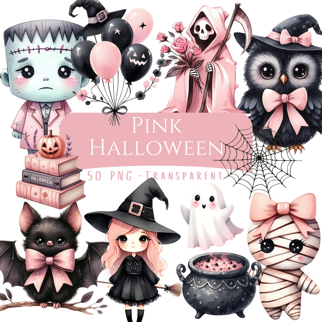 Pink Halloween Clipart Bundle 50 PNG Spooky Cute Halloween Sweet Pastel ...
