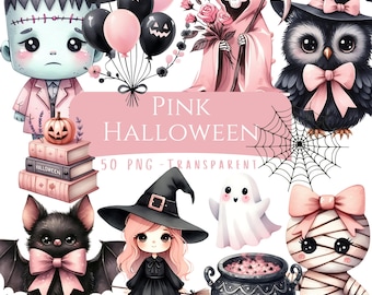 Pink Halloween Clipart Bundle 50 PNG Spooky Cute Halloween Sweet Pastel Spooky Season Printable Paper Crafts Pumpkin Party Printables PNG's