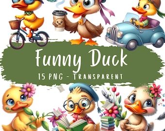 Lustige Enten Clipart Bundle 15 PNG hohe Qualität Aquarell niedlich schrulligen Ente Digitaler Download lustige Tiere druckbare Entchen Junk Journal