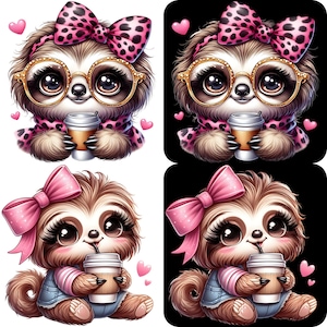 Cute Sloth Girl Clipart Bundle 12 PNG High Quality Watercolor Coquette Bow Coffee Girly Sloth Printable Stickers Digital Crafting Downloads image 4
