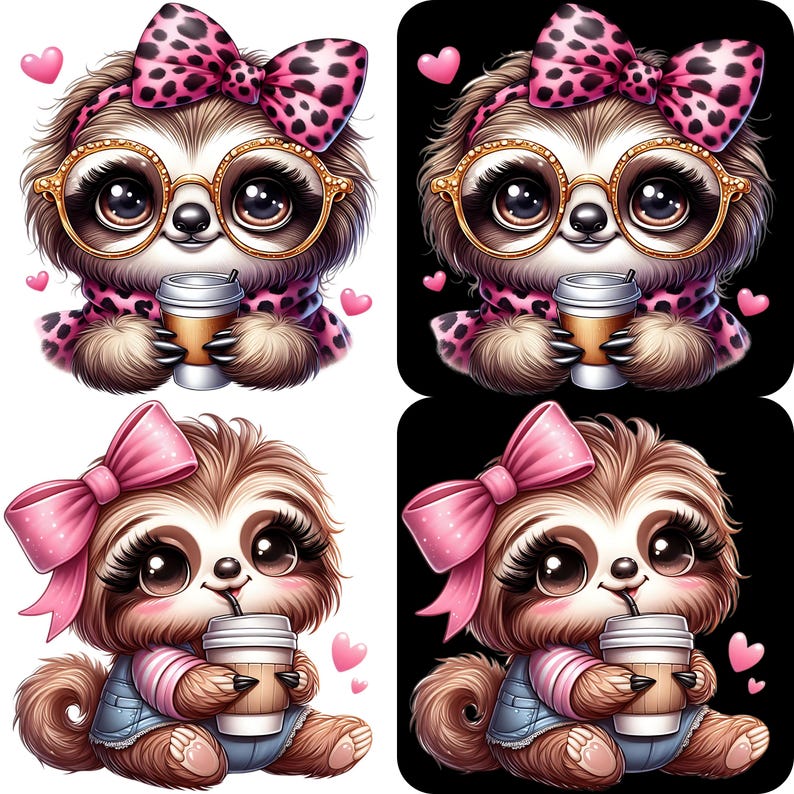 Cute Sloth Girl Clipart Bundle 12 PNG High Quality Watercolor Coquette Bow Coffee Girly Sloth Printable Stickers Digital Crafting Downloads image 4