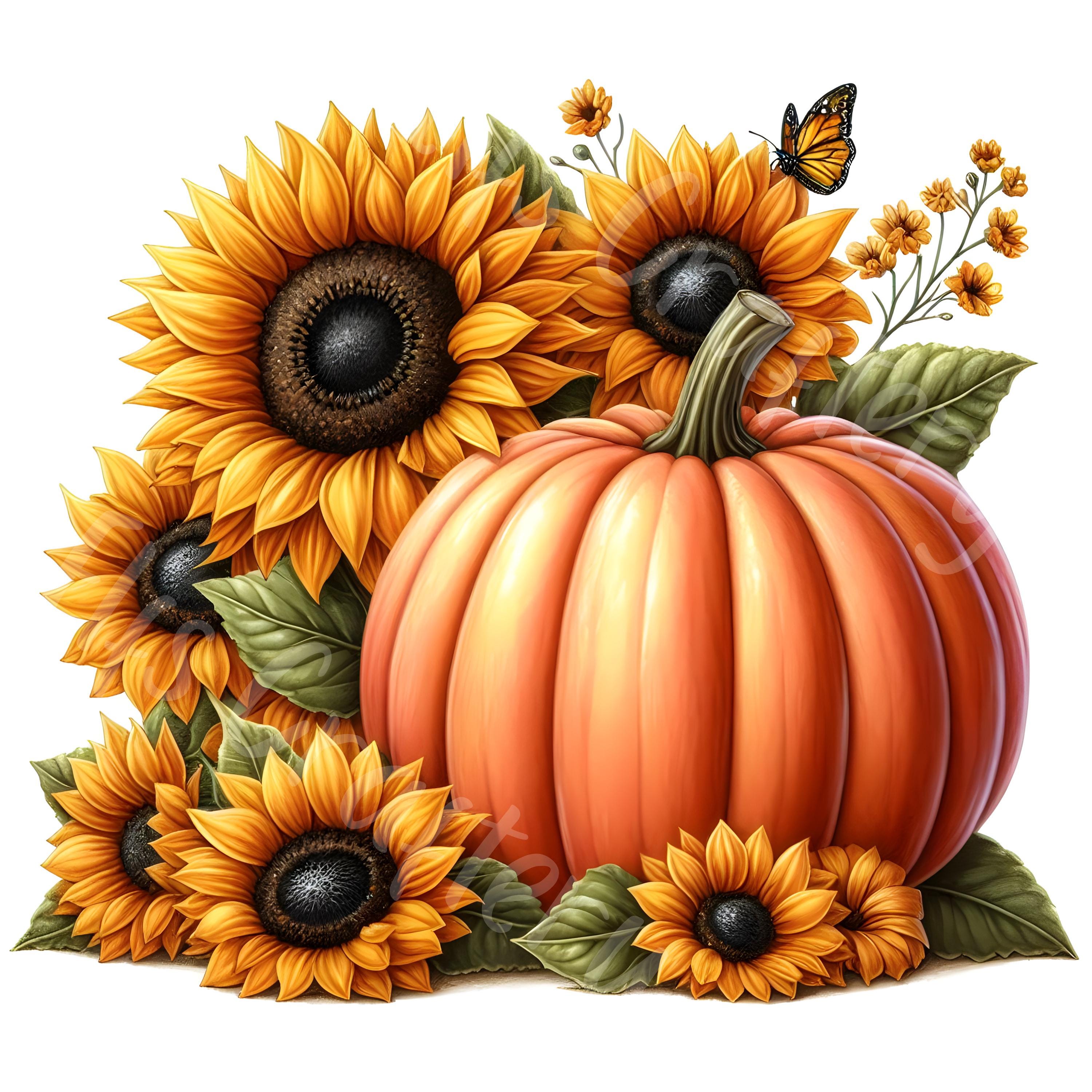 15 JPG Pumpkin and Sunflower Clipart Watercolor Fall Season Pumpkin ...