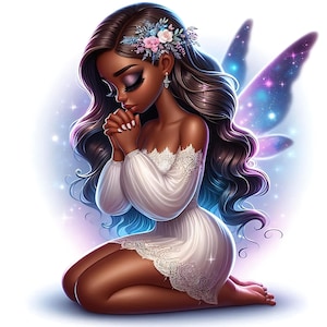 Lot de 15 cliparts mignons africains en prière, belle fille noire enchantée en téléchargement numérique Faith Junk Journal imprimables Afro Girl JPG