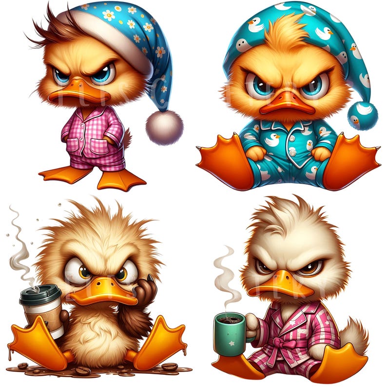 Grumpy Ducklings Clipart Bundle 15 PNG High Quality Cute Quirky Morning ...