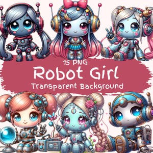 May include: Set of 15 digital illustrations of robot girls with transparent backgrounds. The robot girls are in various poses and have different hairstyles, colors, and accessories. The illustrations are in a cartoon style and are perfect for use in digital projects.