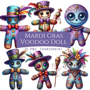 マルディグラ ブードゥー人形 クリップアート バンドル 15 PNG 高品質 水彩 ブードゥー人形 デジタル ダウンロード アート マルディグラ カーニバル png 印刷可能