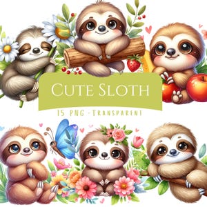 Cute Sloth Clipart Bundle 15 PNG High Quality Watercolor Floral Fruit Baby Sloth Digital Download Printable Card Making Junk Journaling Pngs