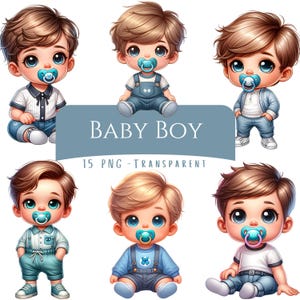 Könnte beinhalten: Digitale Illustration mit sechs Cartoon-Babyjungen mit großen blauen Augen, braunen Haaren und Schnullern. Das Bild enthält den Text "BABY BOY" und "15 PNG - TRANSPARENT" auf blauem Hintergrund. Die Babys tragen verschiedene Outfits.