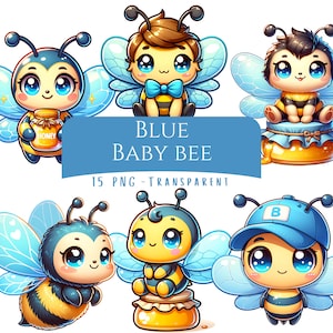 Blue Baby Bee Clipart Bundle 15 PNG High Quality Cartoon Soft Blue Boy Bumble Bee Digital Download Art Graphics Printable Cute Bee Images