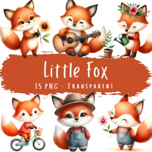 Petit renard Clipart Bundle 15 PNG haute qualité aquarelle mignon pépinière animaux téléchargement numérique Art papier Crafts renard mignon autocollants imprimables