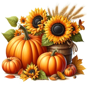Può includere: Una vivace natura morta autunnale con zucche arancioni brillanti di varie dimensioni, girasoli, spighe di grano e una farfalla. La composizione è ambientata su uno sfondo bianco, evocando il tema del raccolto.